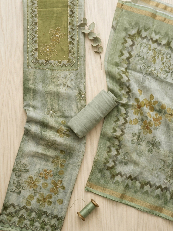 Printed Linen Blend Unstitched Suit With Pant &amp; Dupatta