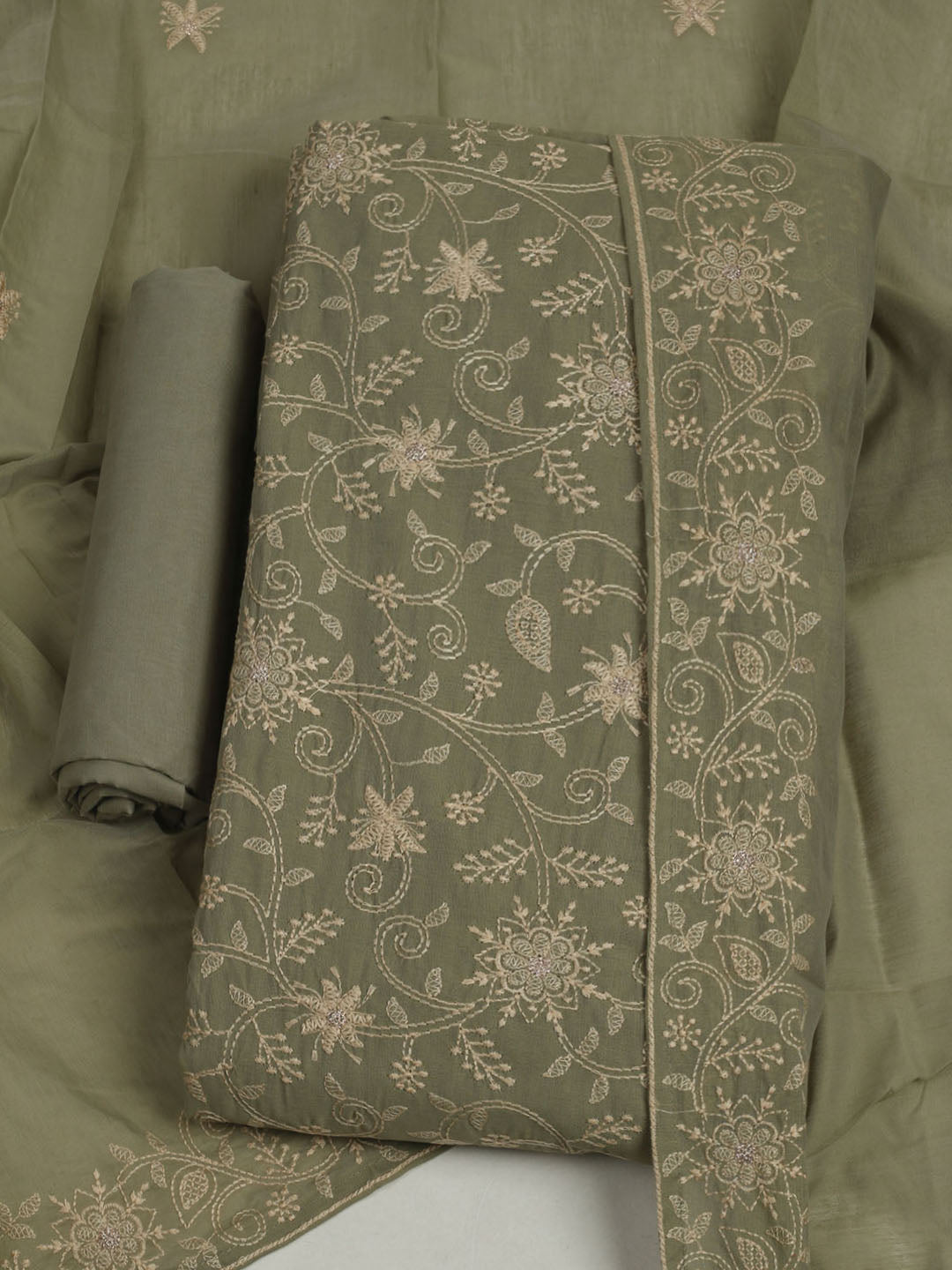 Embroidered Chanderi Unstitched Suits Casual Suit With Pant &amp; Dupatta