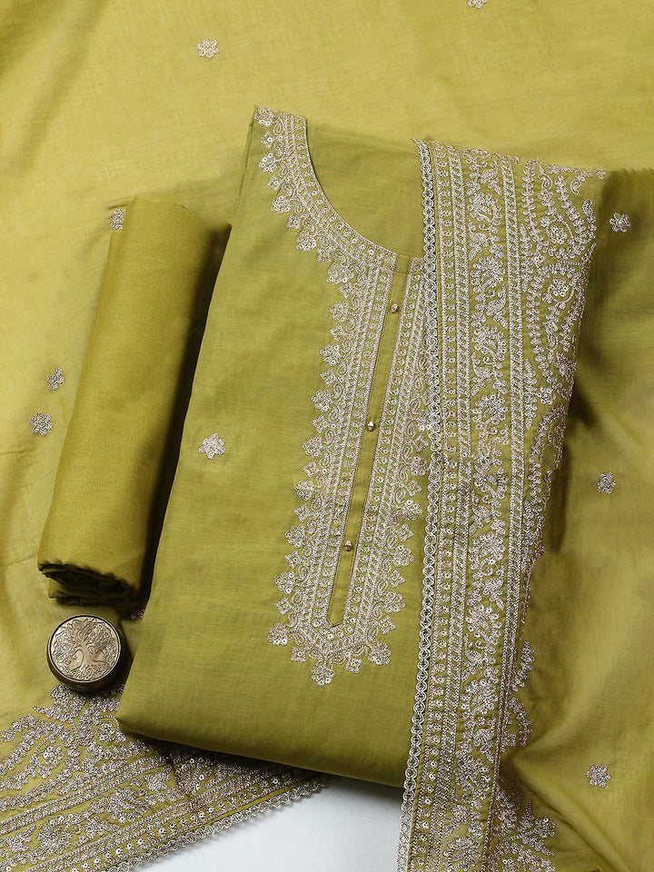 Embroidered Chanderi Unstitched Suit With Pant &amp; Dupatta