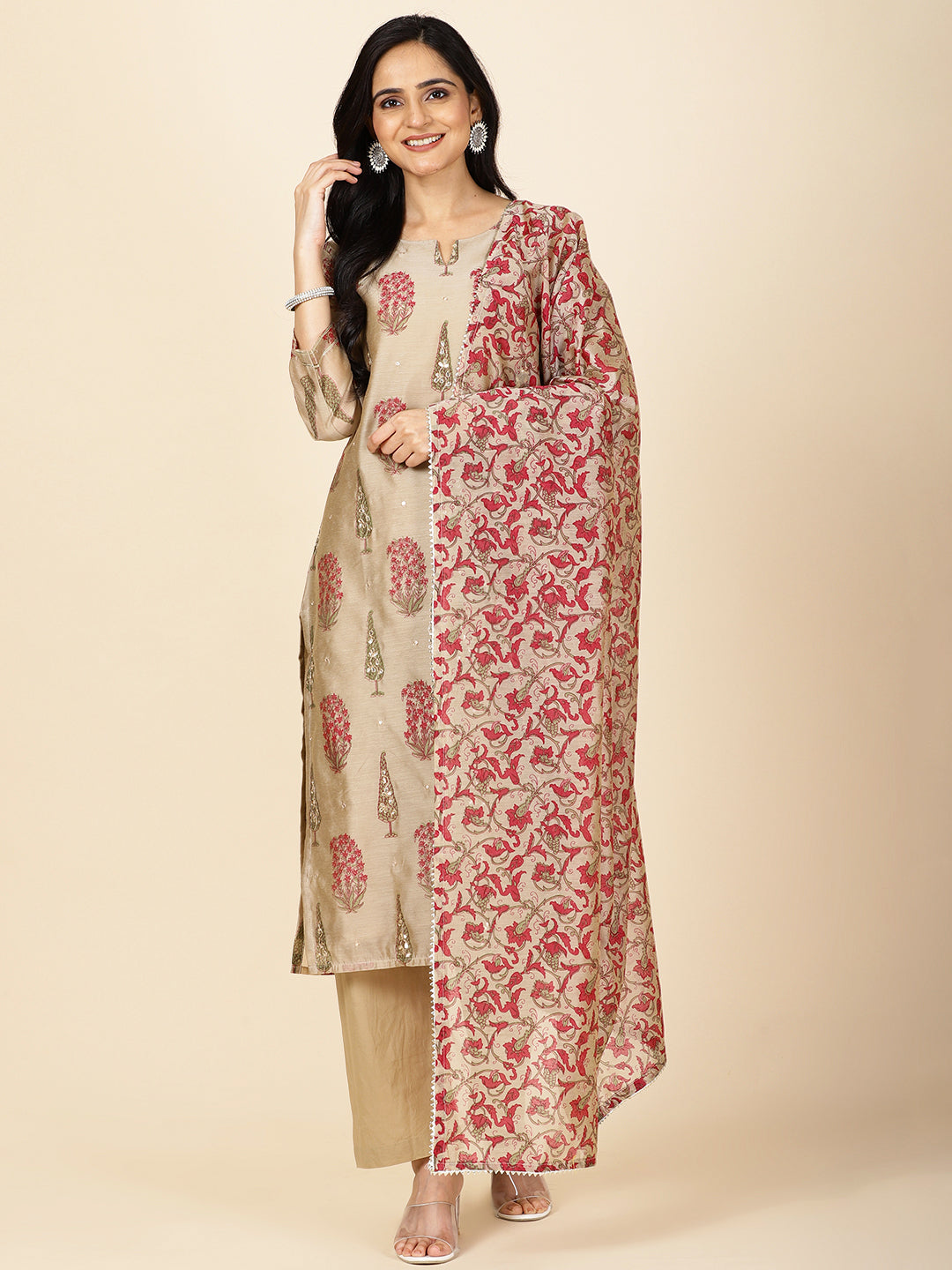 Floral Printed Chanderi Kurta With Pants & Dupatta