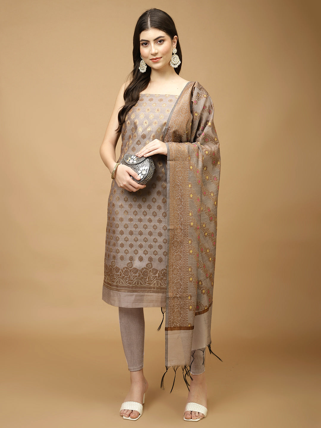 Woven Chanderi Unstitched Suit Piece With Dupatta