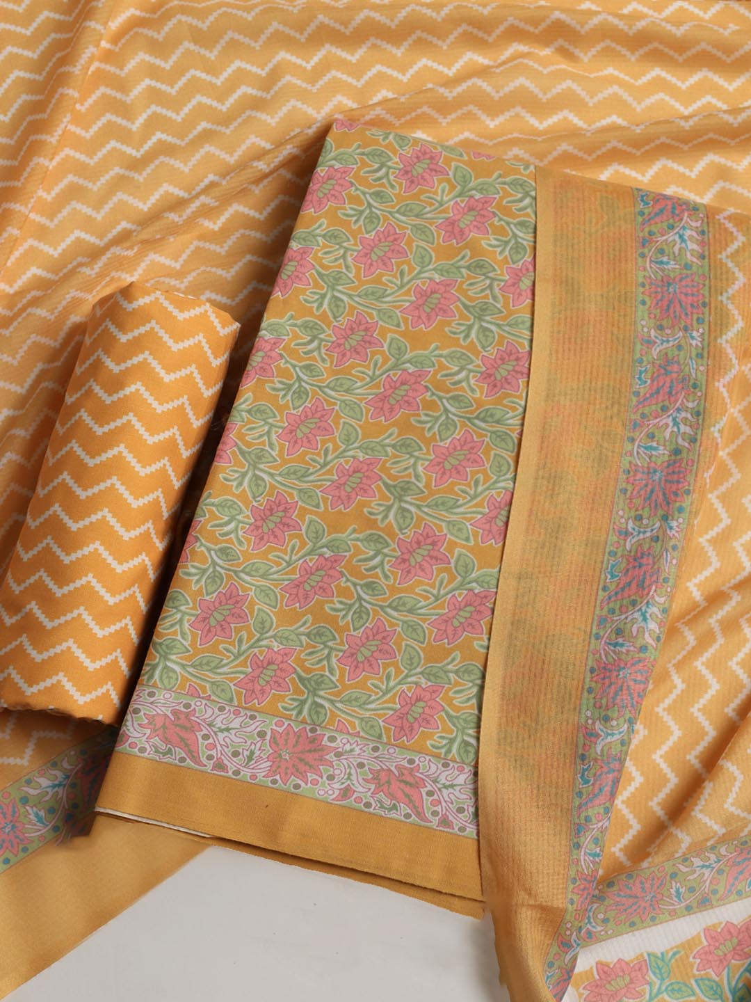 Printed Cotton Blend Unstitched Suit With Dupatta