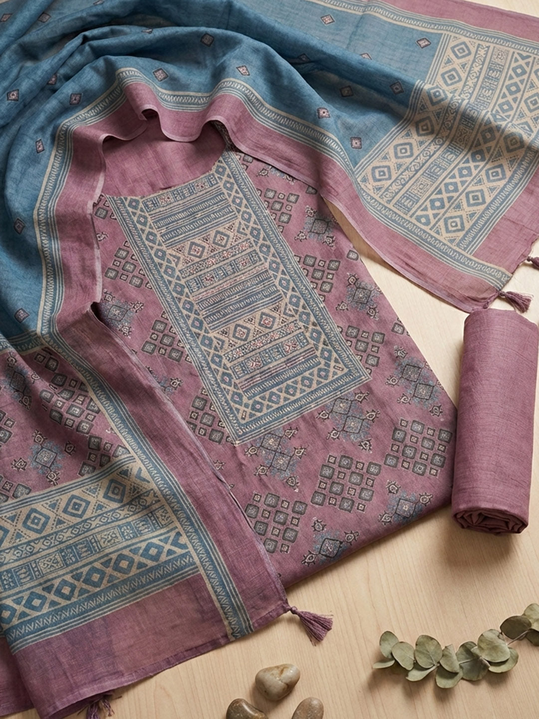 Printed Chanderi Unstitched Suit With Pant &amp; Dupatta
