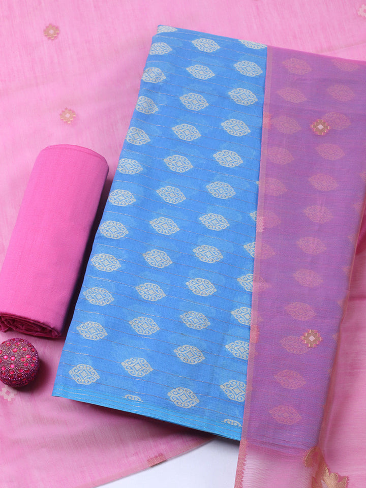 Printed Chanderi Unstitched Suit With Pant &amp; Dupatta