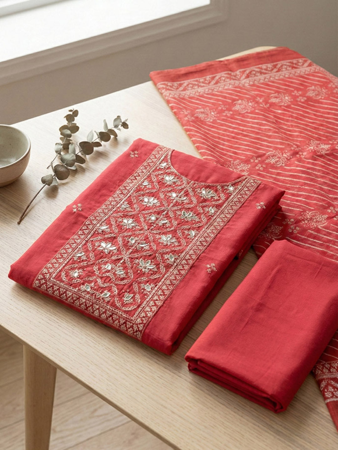 Embroidered Cotton Blend Unstitched Suit With Pant &amp; Dupatta