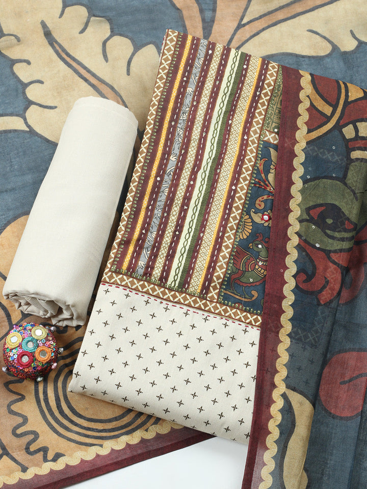 Embroidered Cotton Blend Unstitched Suit With Pant &amp; Dupatta