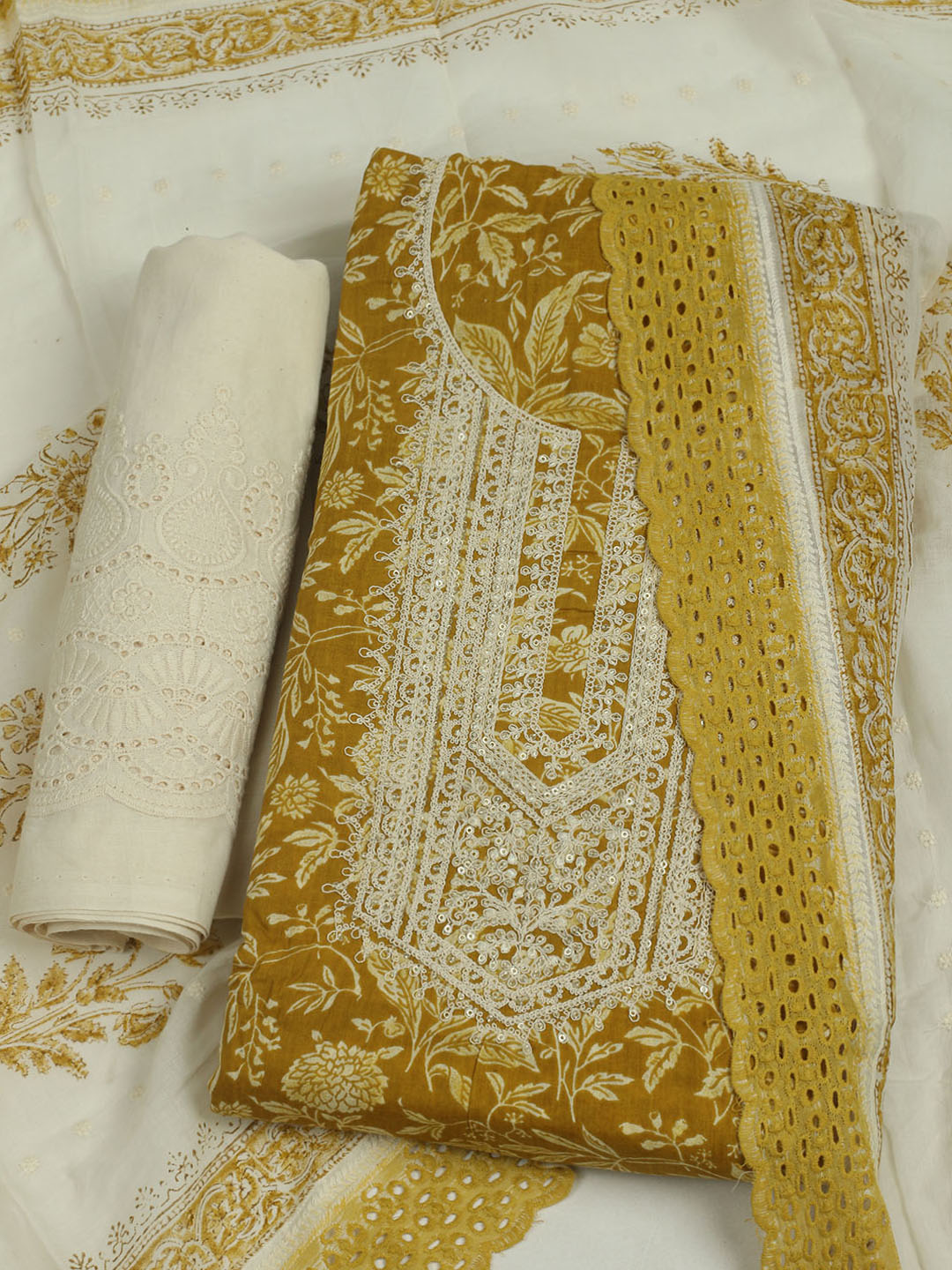 Printed Cotton Unstitched Suits Printed Suit With Pant &amp; Dupatta