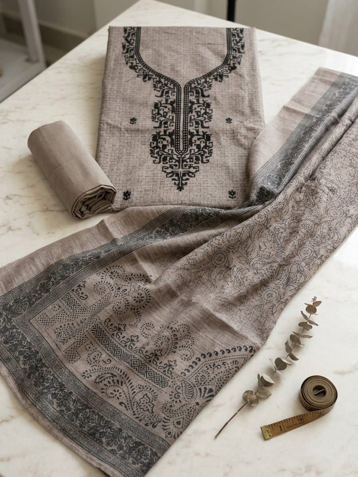 Embroidered Linen Blend Unstitched Suit Pant &amp; Dupatta