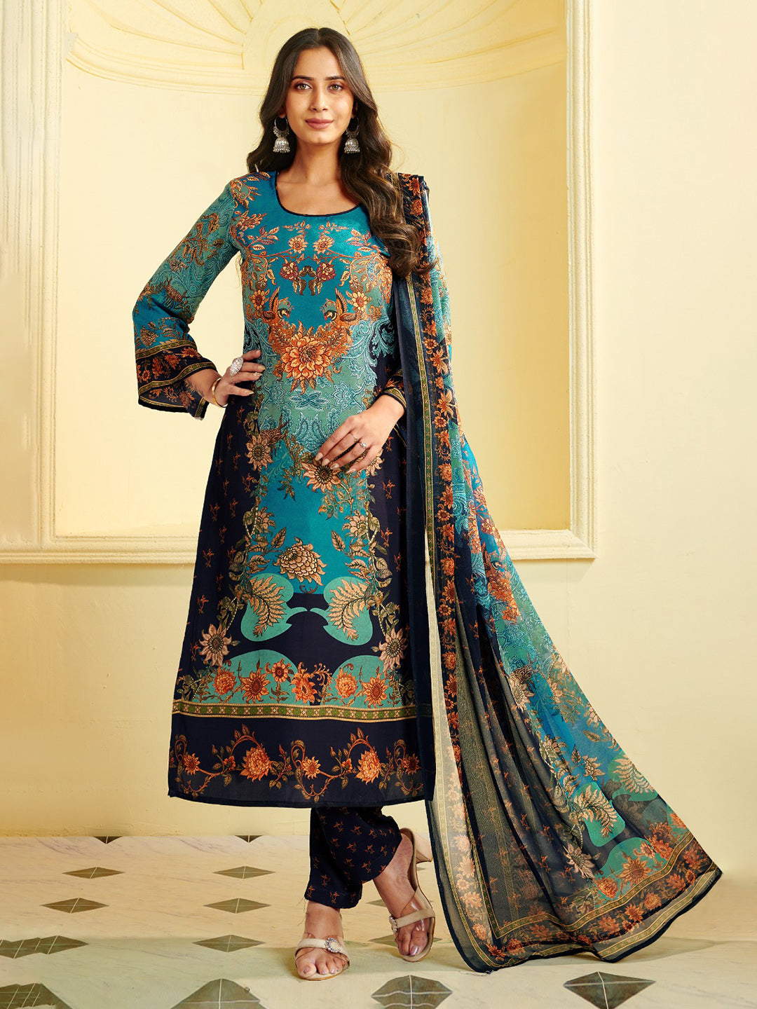 Printed Crepe Unstitched Suit With Pant &amp; Dupatta