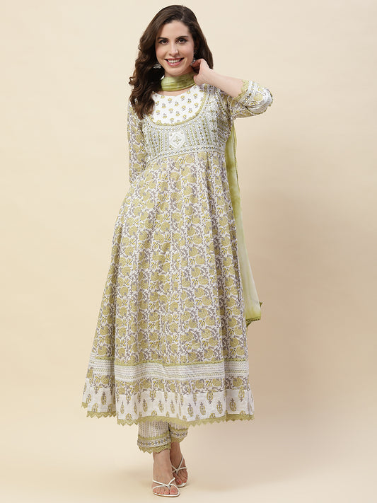 Printed Cotton Kurta With Pants & Dupatta