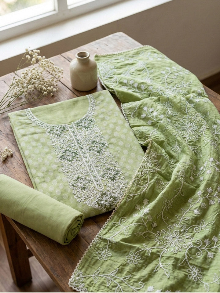Printed Cotton Blend Unstitched Suit With Pant &amp; Dupatta