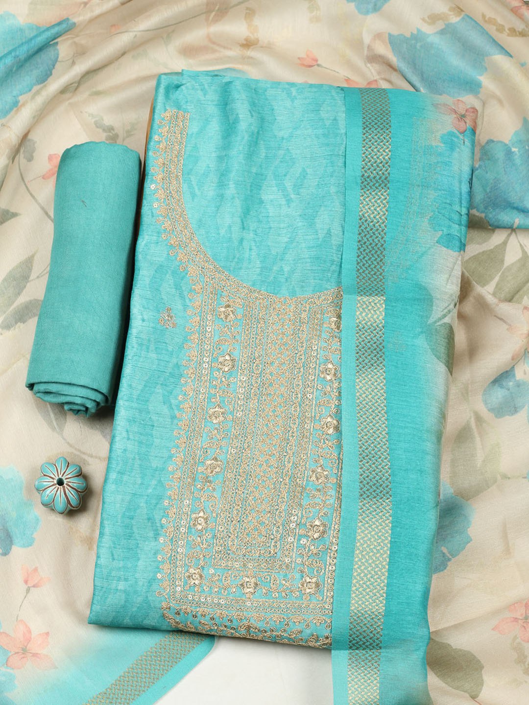 Embroidered Chanderi Unstitched Suit With Pant &amp; Dupatta