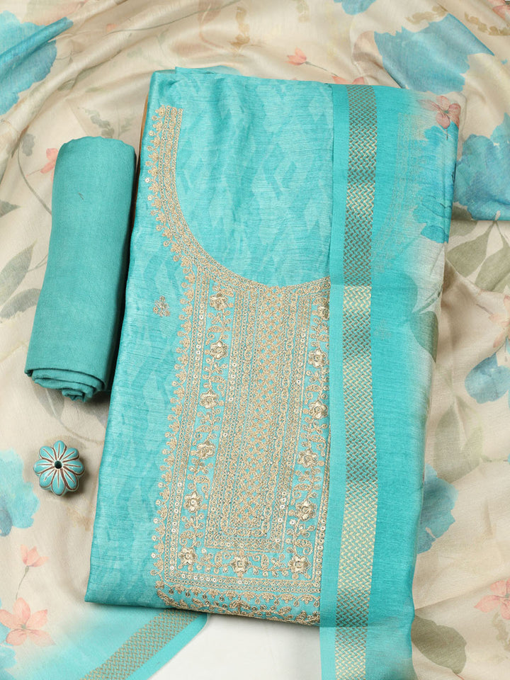 Embroidered Chanderi Unstitched Suit With Pant &amp; Dupatta