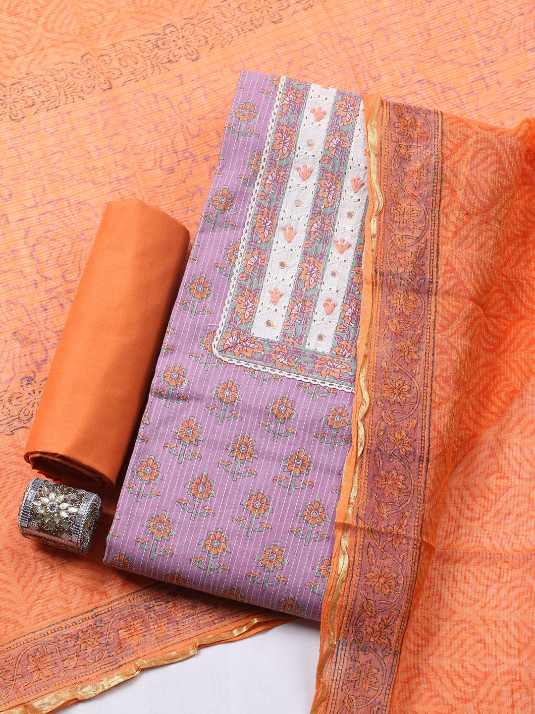 Printed Cotton Blend Unstitched Suit With Pant &amp; Dupatta
