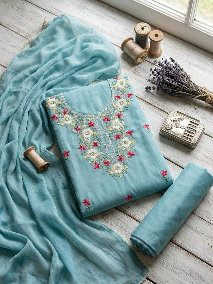 Embroidered Cotton Blend Unstitched Suit With Pant &amp; Dupatta