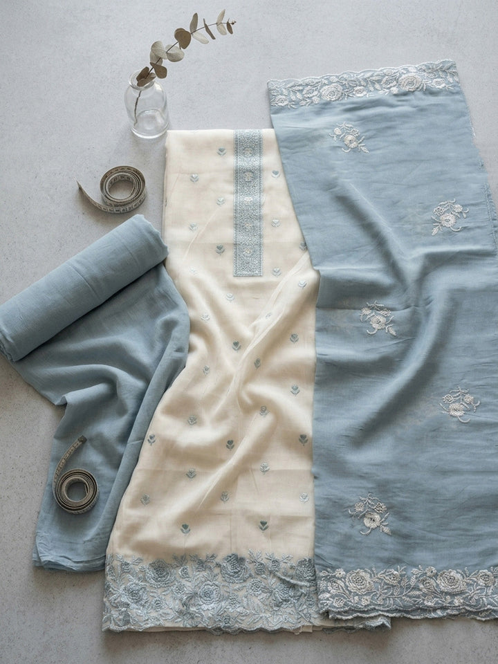 Embroidered Chanderi Unstitched Suit With Pant &amp; Dupatta