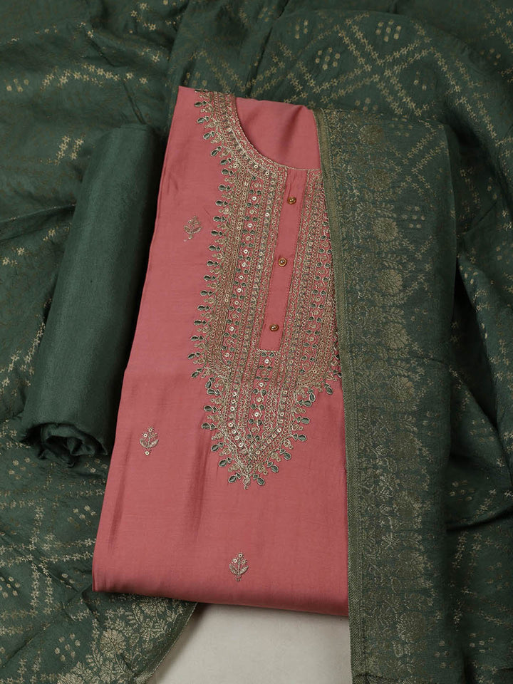 Embroidered Chanderi Unstitched Suit With Pant &amp; Dupatta