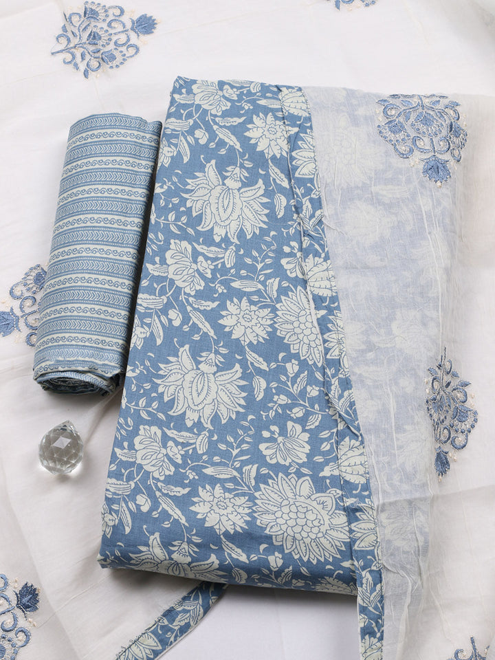 Printed Cotton Blend Unstitched Suit With Pant &amp; Dupatta
