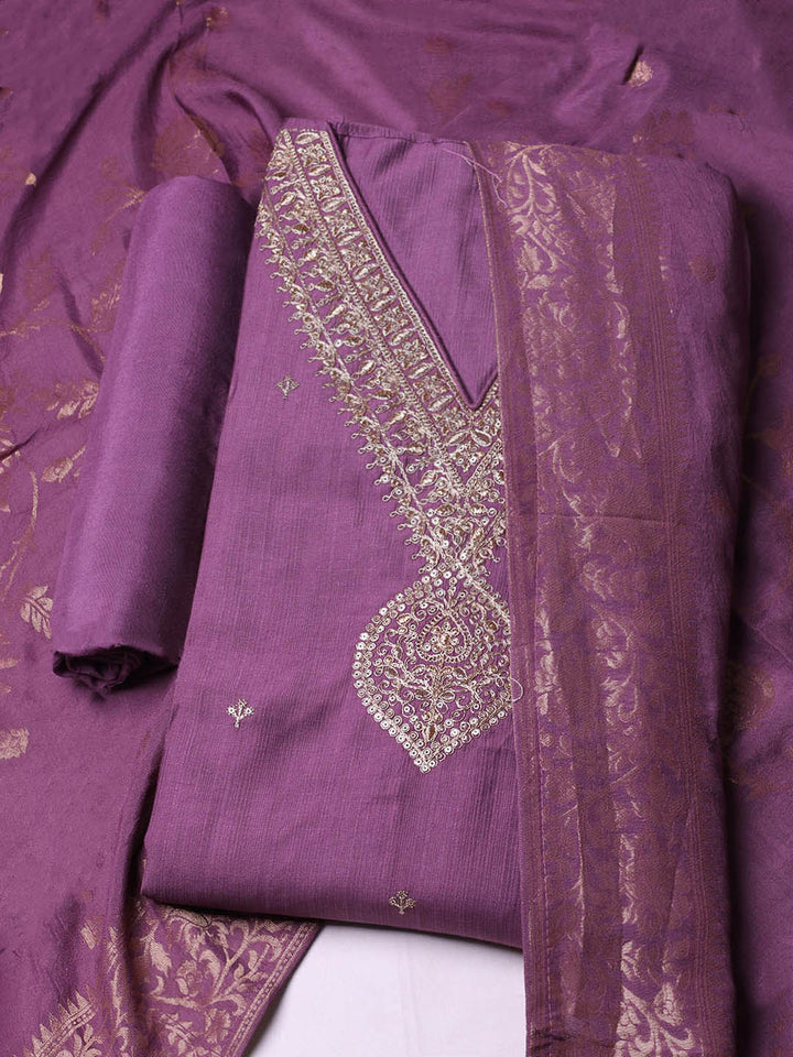 Embroidered Chanderi Unstitched Suit With Pant &amp; Dupatta