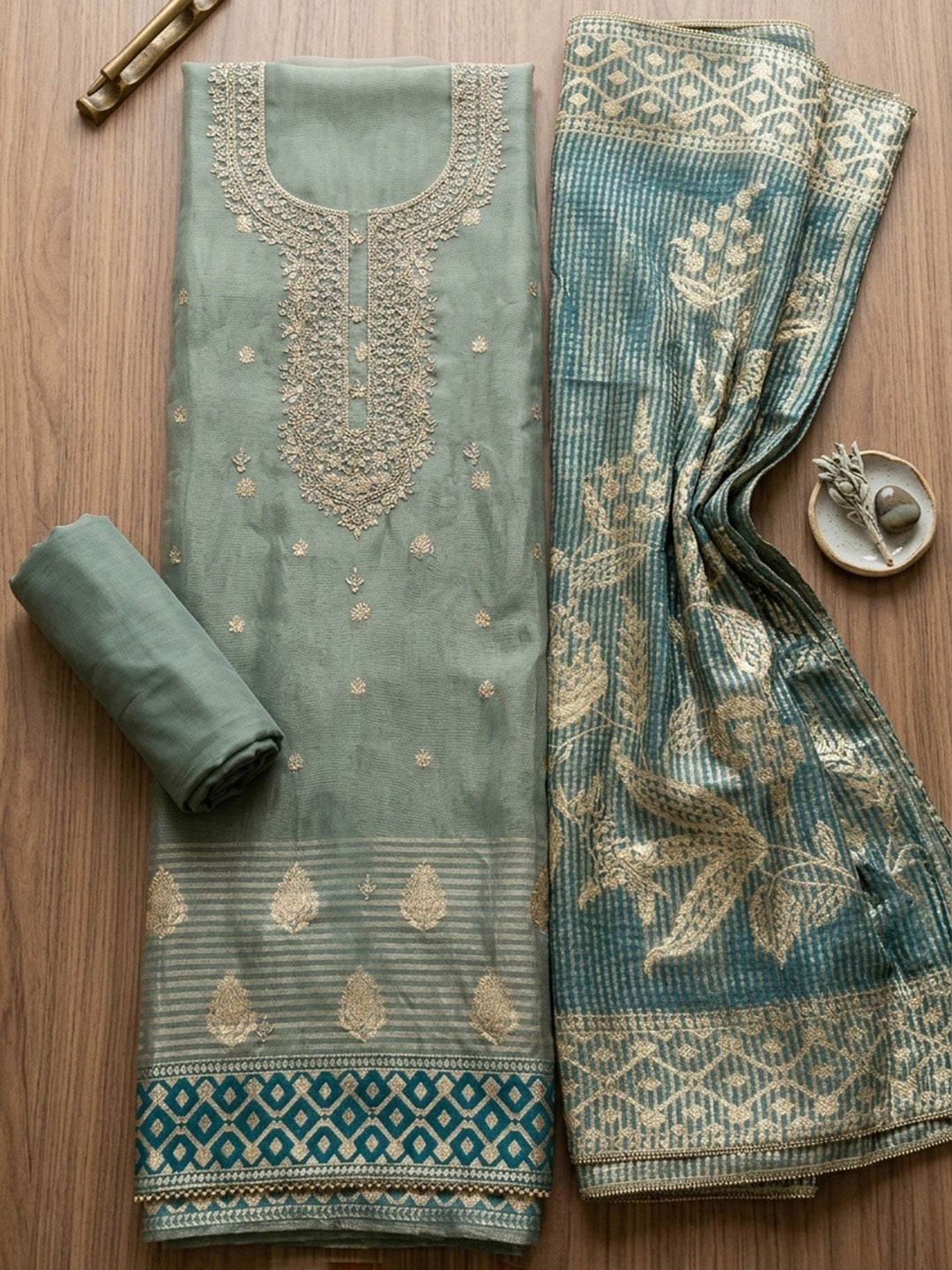 Embroidered Tissue Unstitched Suit With Pant &amp; Dupatta