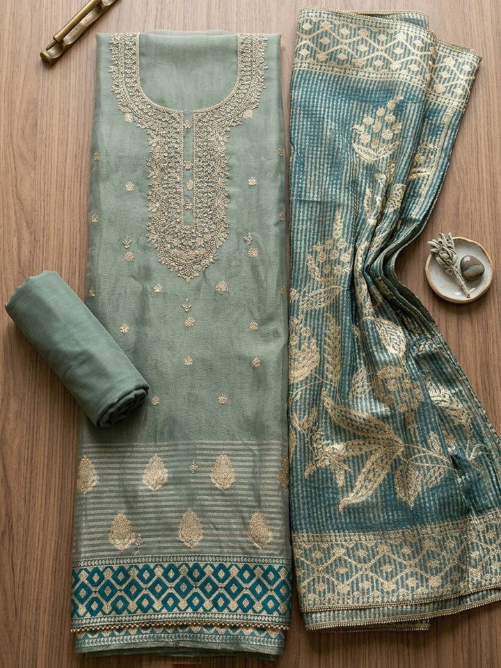 Embroidered Tissue Unstitched Suit With Pant &amp; Dupatta