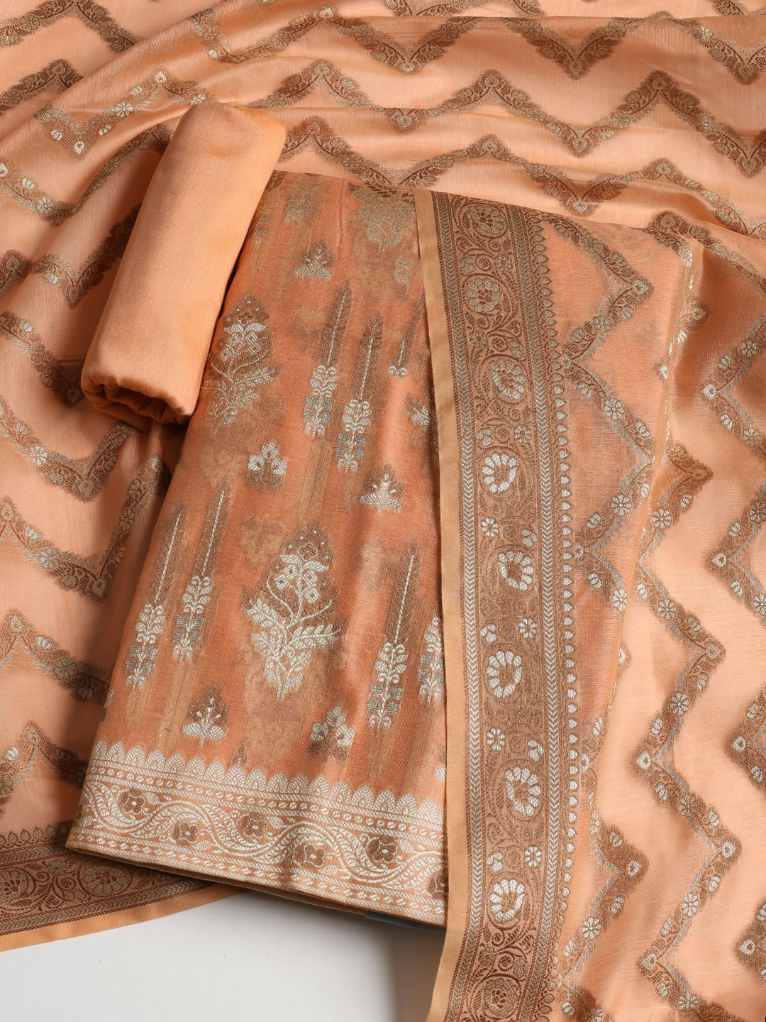 Woven Banarasi Chanderi Unstitched Suit With Dupatta