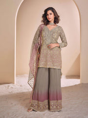 Embroidered Georgette Kurti With Plazzo & Dupatta