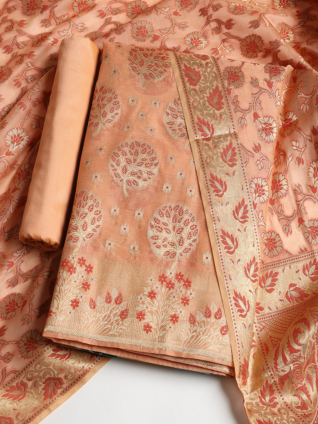Woven Banarasi Chanderi Unstitched Suit With Dupatta