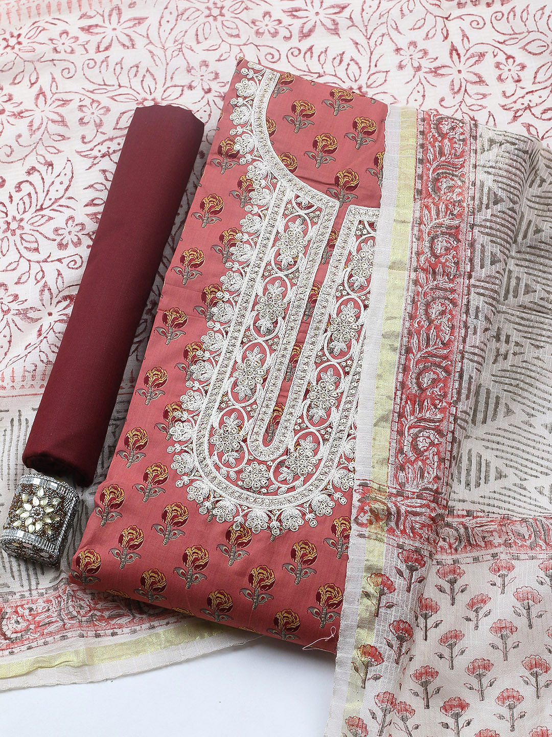 Printed Cotton Blend Unstitched Suit With Pant &amp; Dupatta