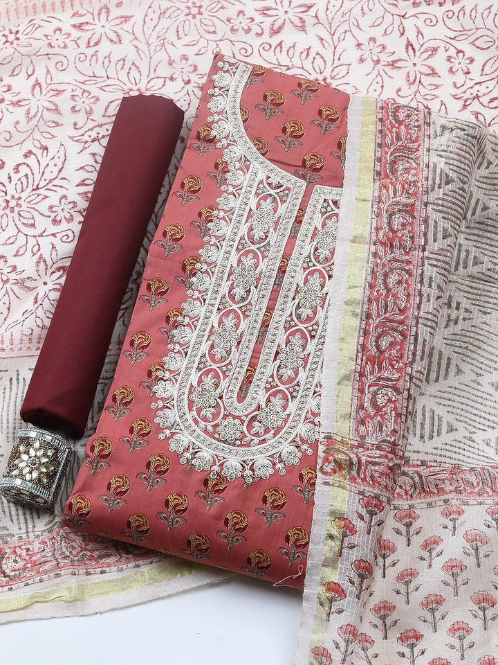 Printed Cotton Blend Unstitched Suit With Pant &amp; Dupatta