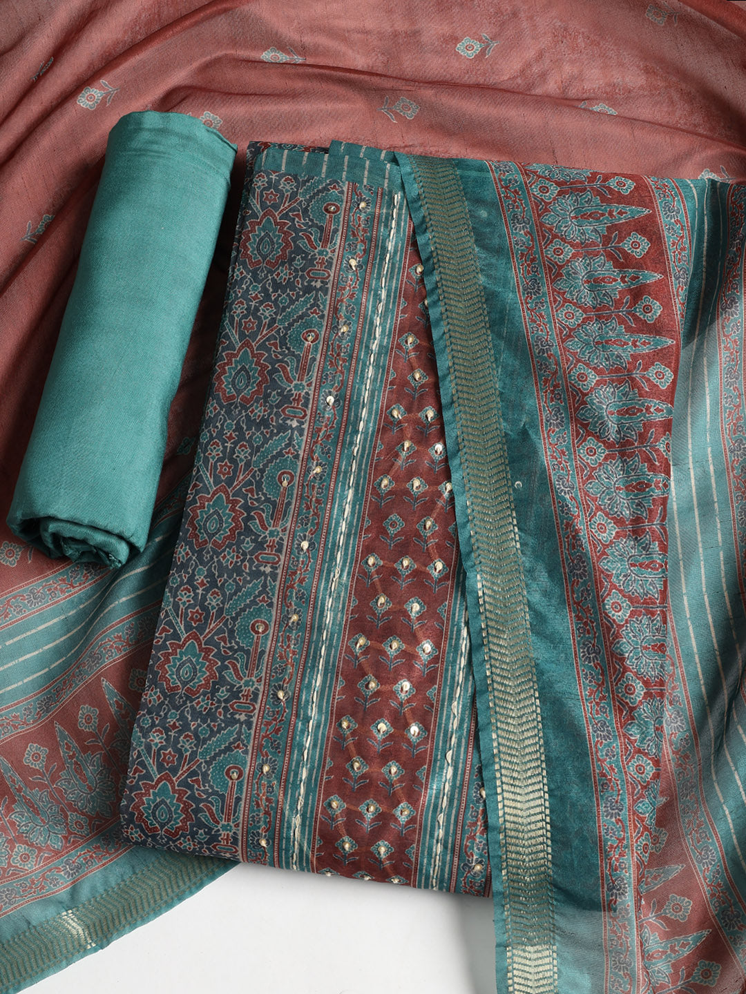 Neck Embroidered Chanderi Unstitched Suit With Dupatta