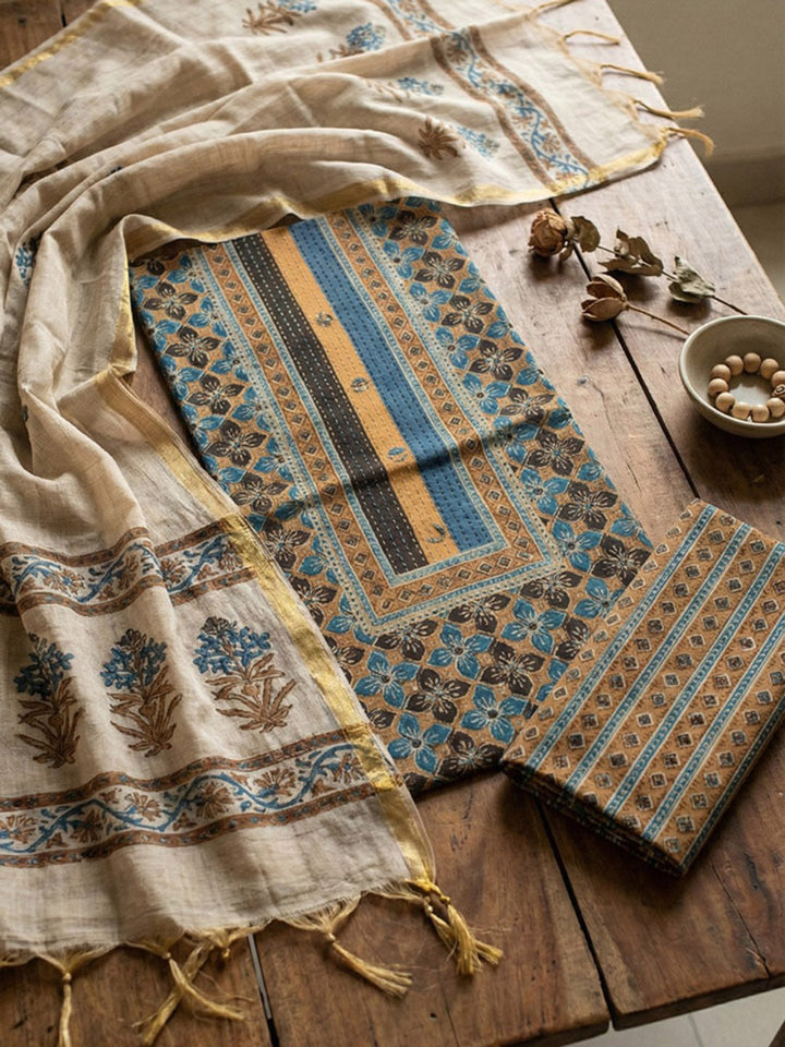 Embroidered Cotton Blend Unstitched Suit With Pant &amp; Dupatta