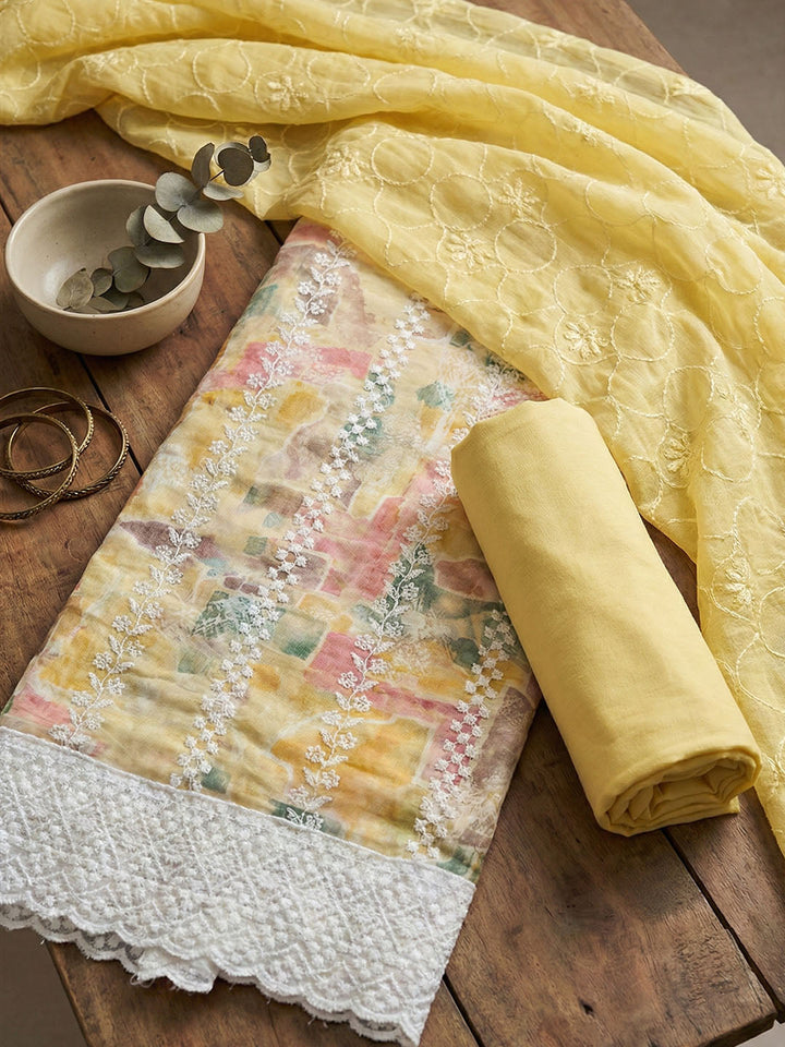 Printed Cotton Blend Unstitched Suit With Pant &amp; Dupatta