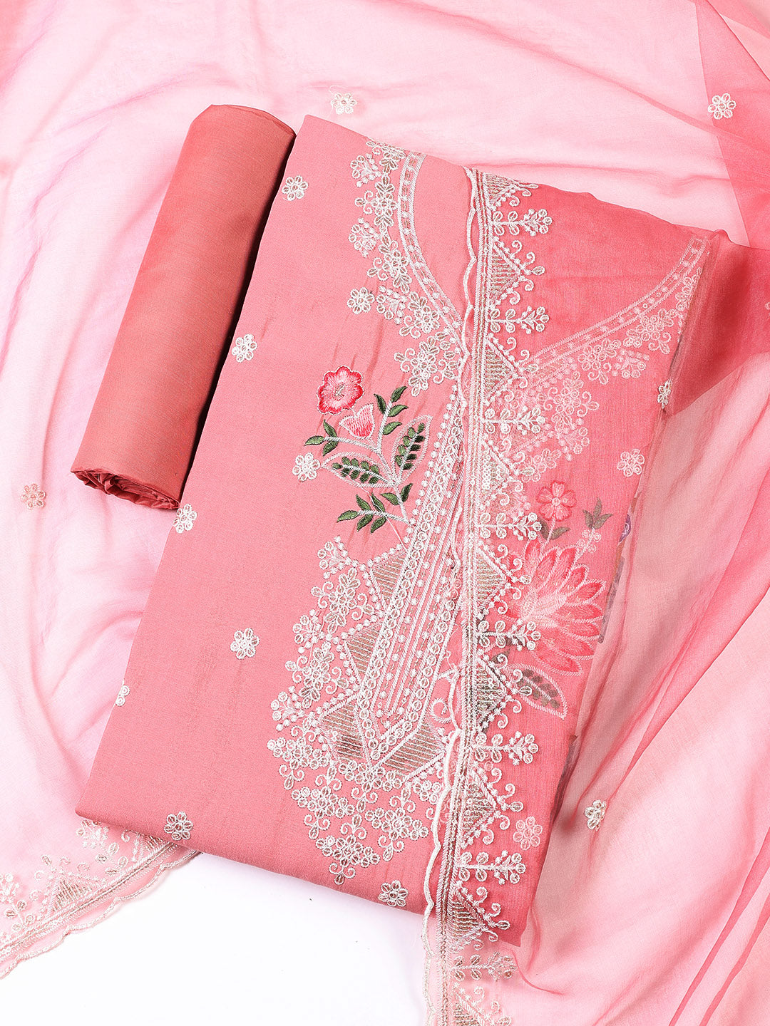 Neck Embroidered Chanderi Unstitched Suit With Dupatta