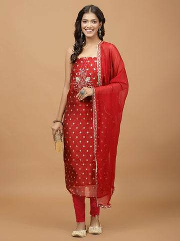 Neck Embroidered Chanderi Unstitched Suit Piece With Dupatta