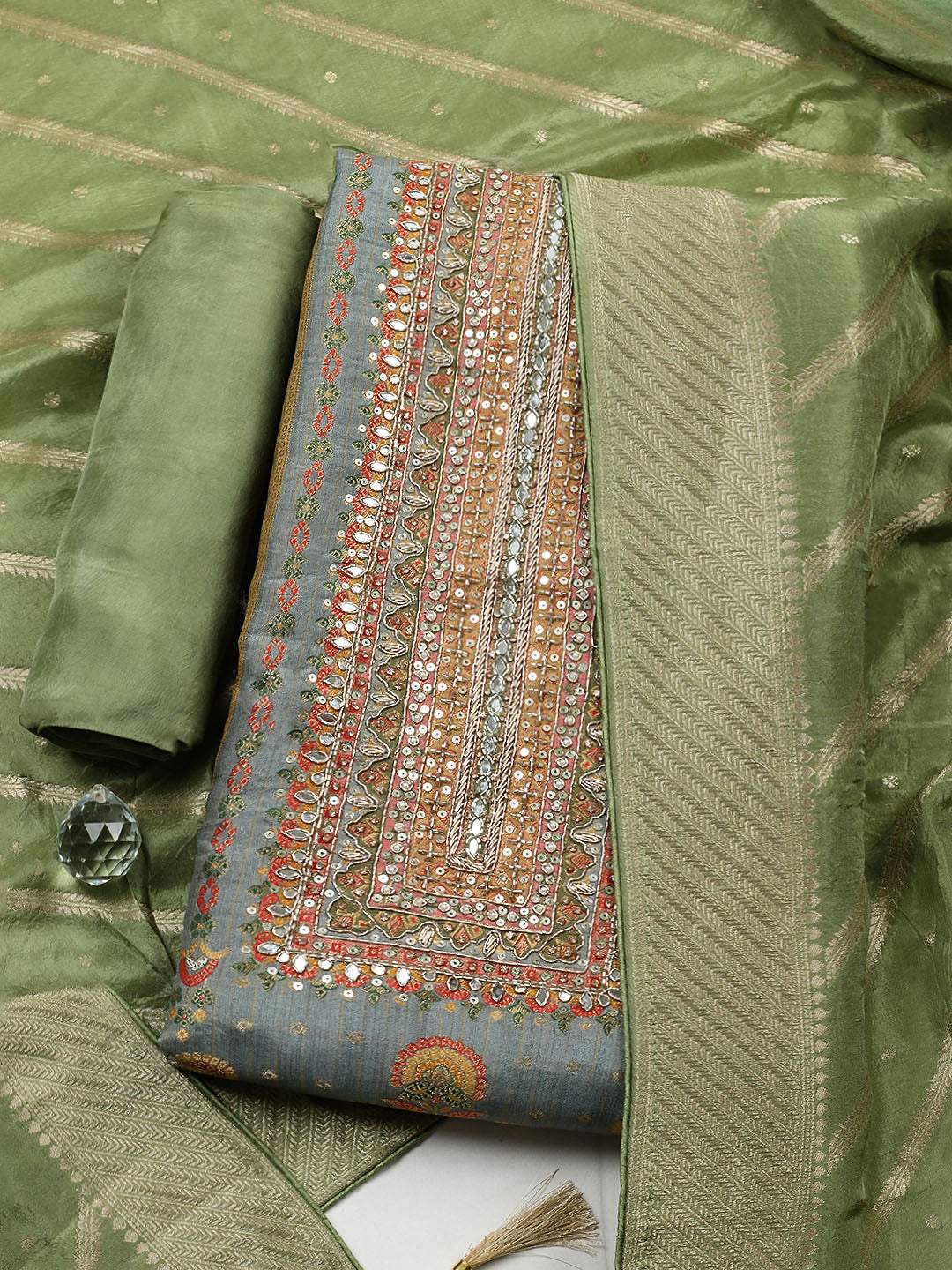 Embroidered Chanderi Unstitched Suit With Pant &amp; Dupatta