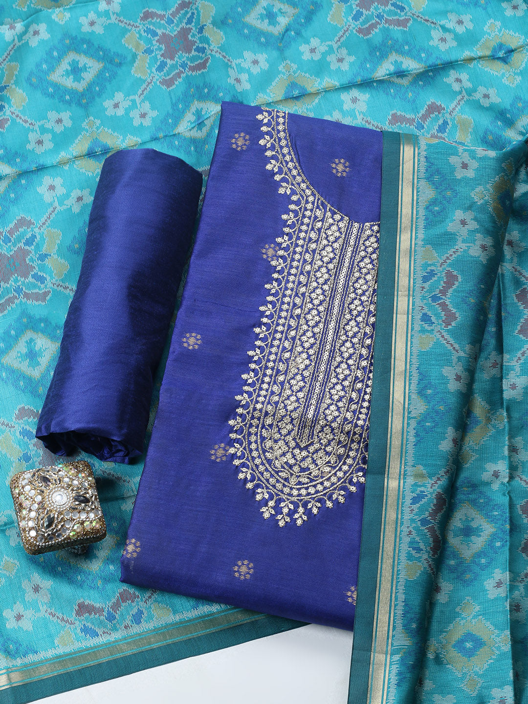 Embroidered Chanderi Unstitched Suit With Pant &amp; Dupatta