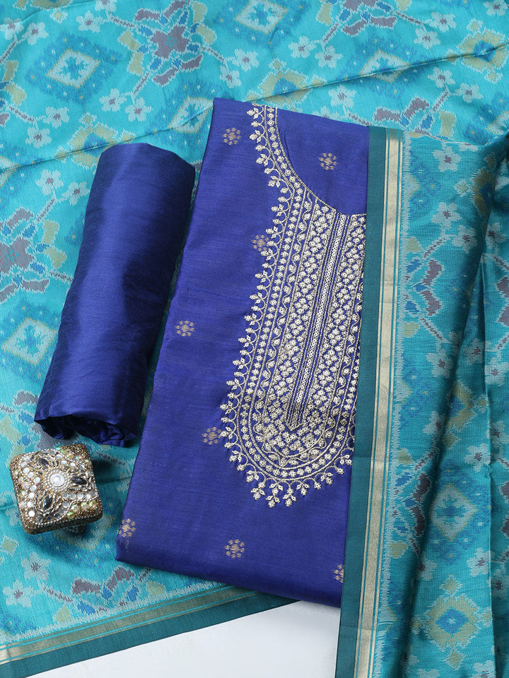 Embroidered Chanderi Unstitched Suit With Pant &amp; Dupatta