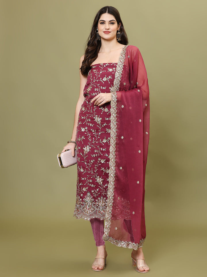 Sequins Work Chinon Unstitched Suit Piece With Dupatta