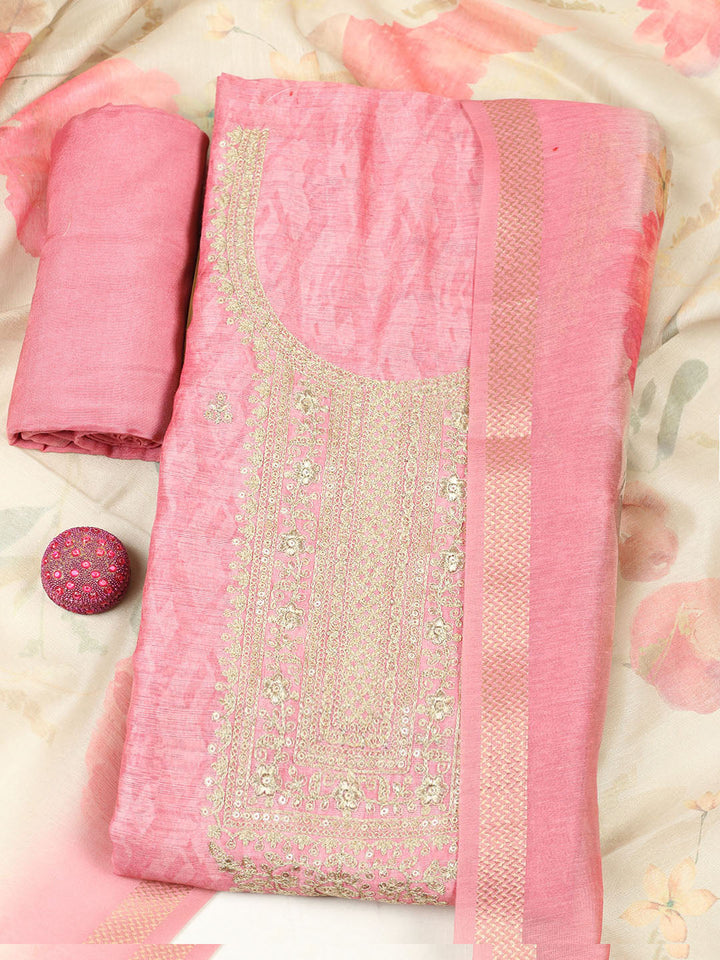 Embroidered Chanderi Unstitched Suit With Pant &amp; Dupatta