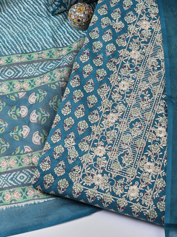 Floral Printed Cotton Unstitched Suit With Dupatta