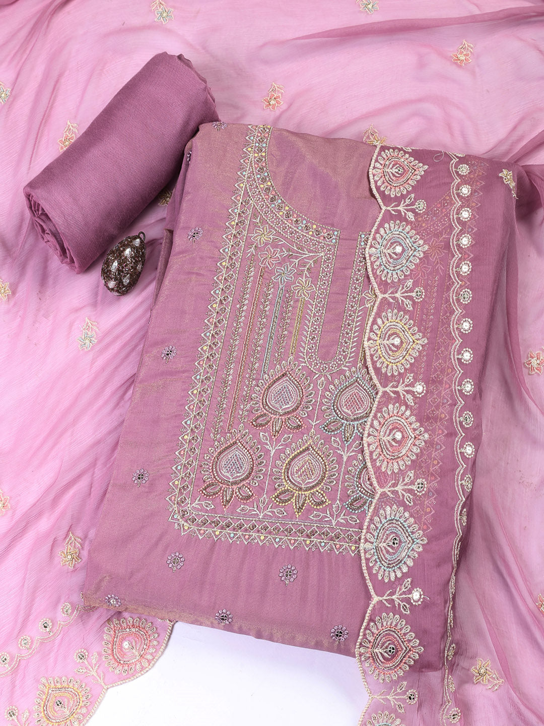 Embroidered Chanderi Unstitched Suit Piece With Dupatta