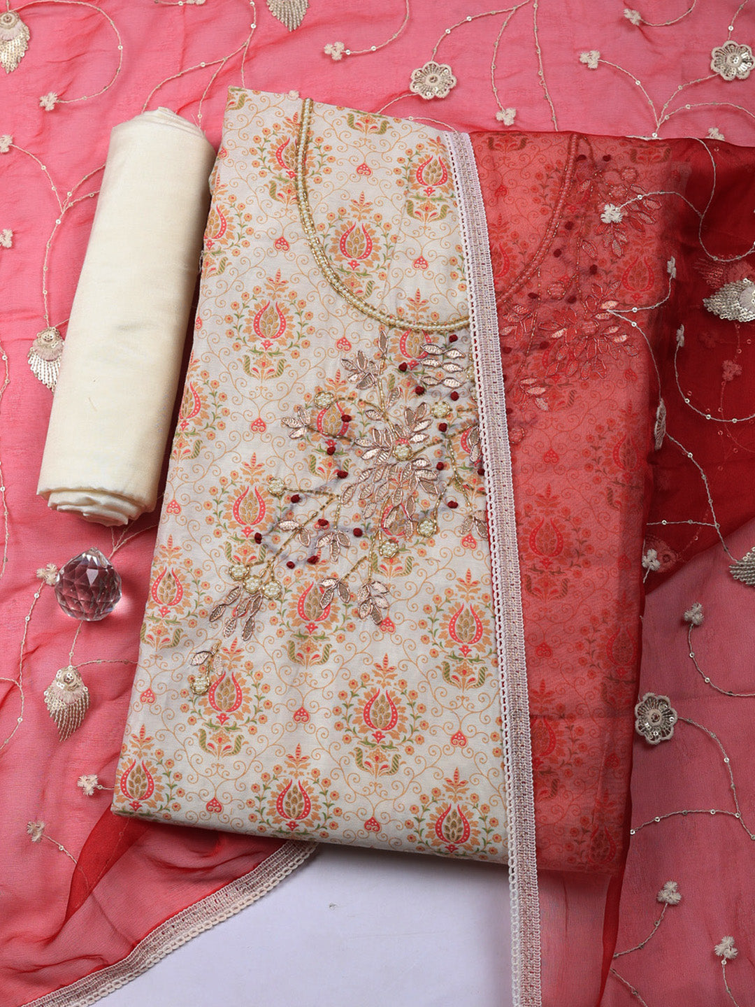Embroidered Cotton Unstitched Suit With Pant &amp; Dupatta