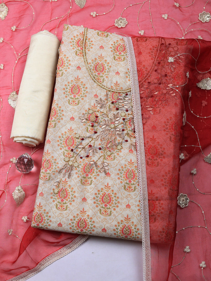 Embroidered Cotton Unstitched Suit With Pant &amp; Dupatta