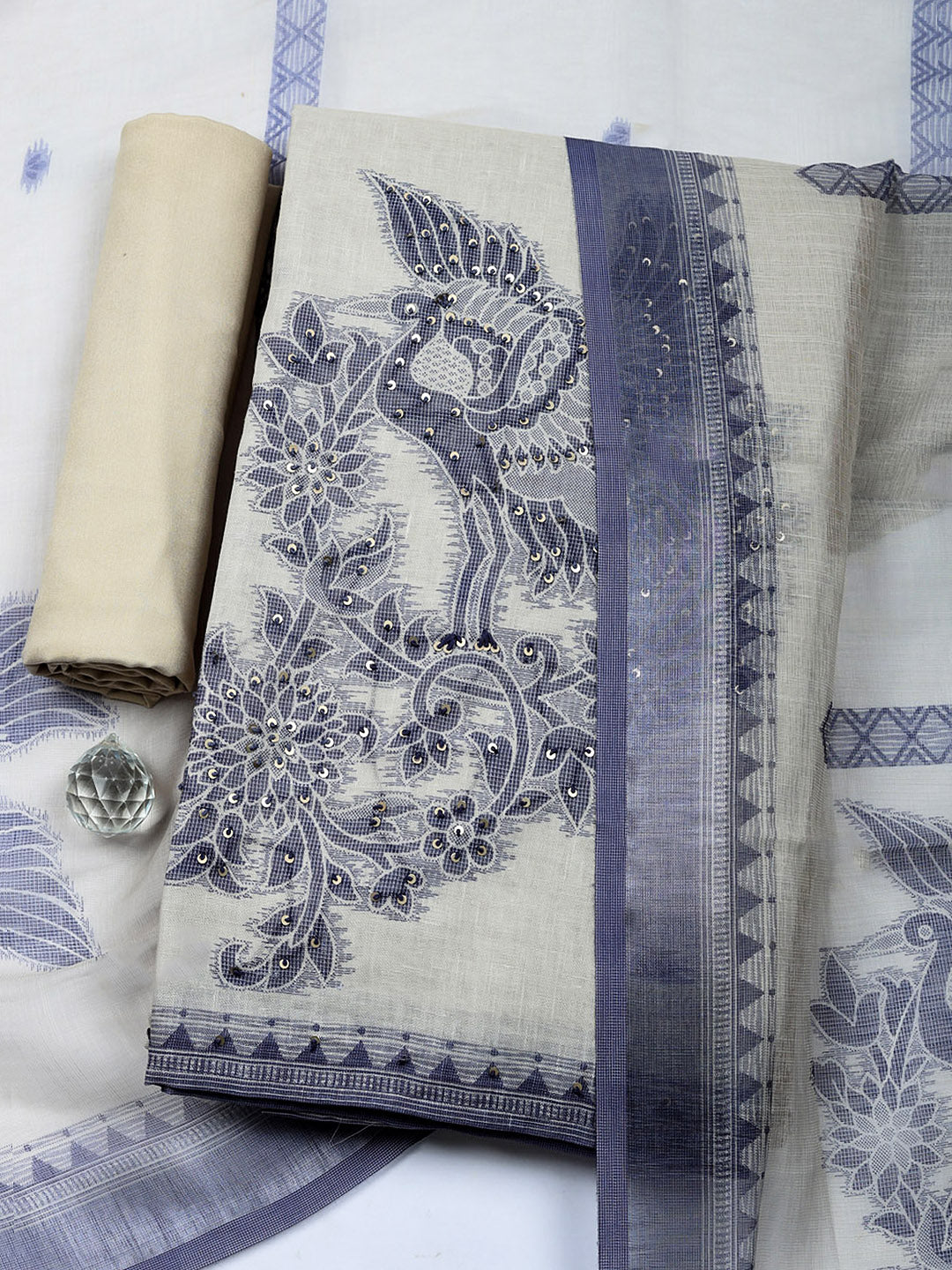 Printed Linen Blend Unstitched Suit With Pant &amp; Dupatta
