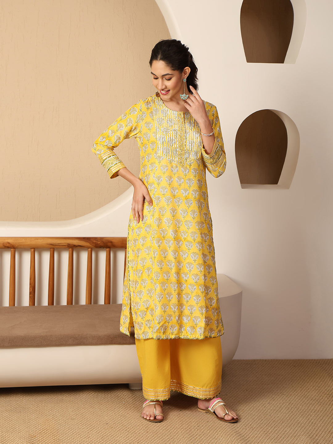 Floral Printed & Gota Work Cotton Blend Kurta With Palazzo