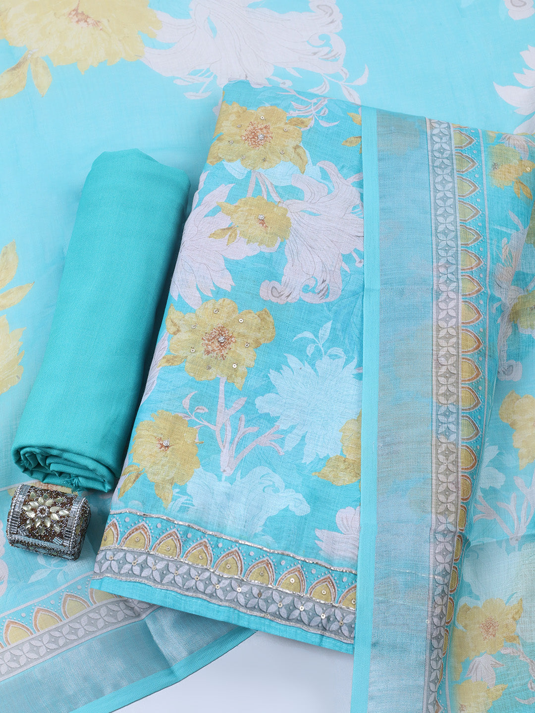 Embroidered Linen Blend Unstitched Suit With Pant &amp; Dupatta