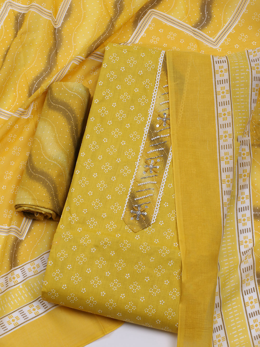 Printed Cotton Blend Unstitched Suit With Dupatta