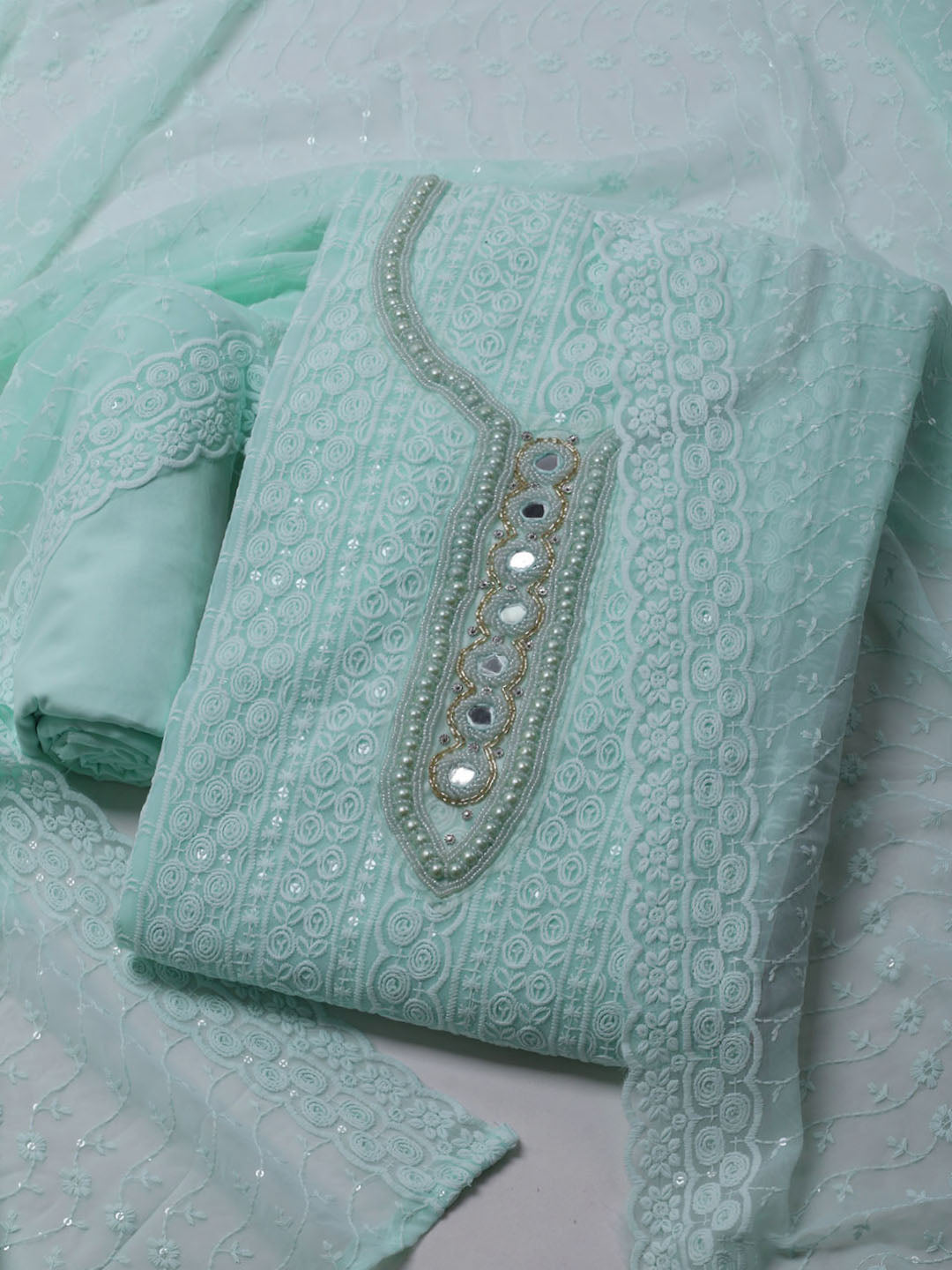Chikan Work Georgette Unstitched Suit With Dupatta