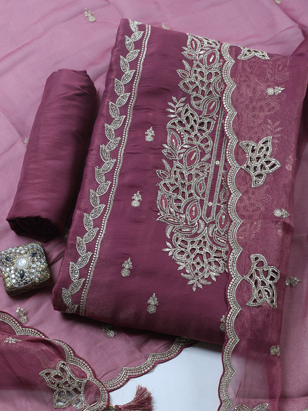 Embroidered Tissue Unstitched Suit With Pant &amp; Dupatta